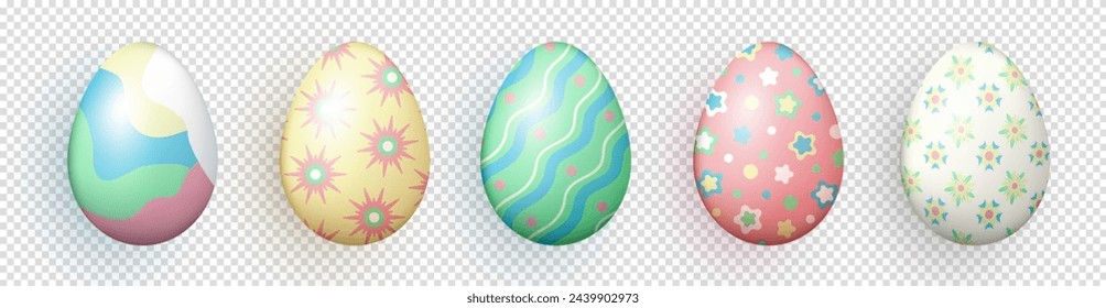 Set of three dimensional realistic colorful painted Easter eggs isolated on transparent background. Multicolored 3d eggs with various pattern as decoration element for Easter cards, banners, wallpaper