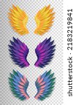 Set of three dimensional realistic wings. Magic golden, purple and colorful angel or bird wings. Carnival, masquerade decorations. Fantasy concept. Vector illustration EPS 10.
