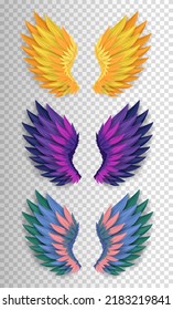 Set of three dimensional realistic wings. Magic golden, purple and colorful angel or bird wings. Carnival, masquerade decorations. Fantasy concept. Vector illustration EPS 10.