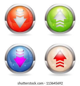 Set three dimensional round Download and Upload button with Arrow icon, isolated on white, vector