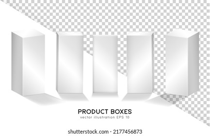 Set of three dimensional white boxes in front and isometric view. Vector mockup of rectangular cardboard containers for product presentation. Plastic blank containers, shipping cases, cubes template