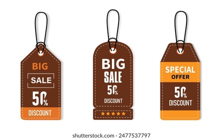 Set of three discount tags with a 50% discount offer. Featuring bold text in brown and orange hues, perfect for sales promotions and special offers.