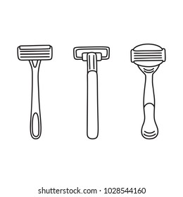 Set of three disposable shaving razors, hair removal tools, line art, linear drawing, vector illustration isolated on white background. Black and white drawing, line art icon of shaving razors