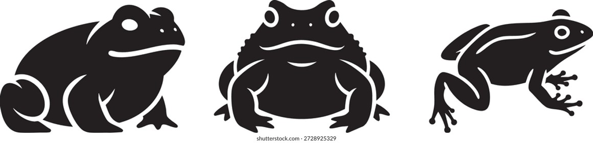 A set of three distinct black frog silhouettes, showcasing various poses and types, perfect for amphibian or nature themes.