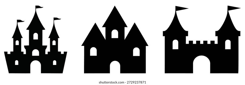 Eine Reihe von drei verschiedenen schwarzen Silhouetten Vektorgrafiken, die verschiedene Stile von klassischen Märchen oder mittelalterlichen Burgen, perfekt für Fantasy-Design-Projekte.