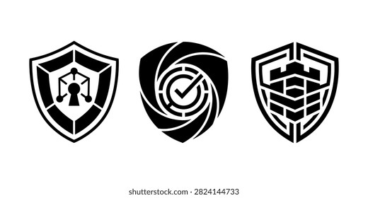 A set of three distinct black and white shield icons representing cybersecurity, digital protection, data integrity, and secure infrastructure concepts, isolated on a clean white background for design.