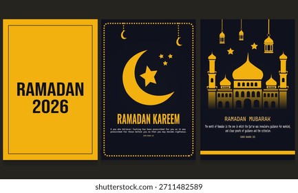 Un conjunto de tres Diseños gráficos distintos que celebran el Ramadán 2026. Las características incluyen una tarjeta amarilla en negrita con texto, una tarjeta oscura con una luna y una estrella de media luna dorada y una tarjeta oscura que muestra un detalle