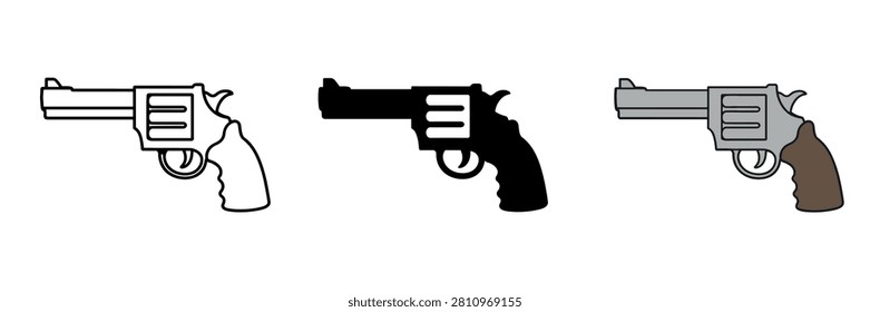 A set of three distinct graphical representations of a revolver handgun, showcasing outline, solid black silhouette, and a colored version with brown grip