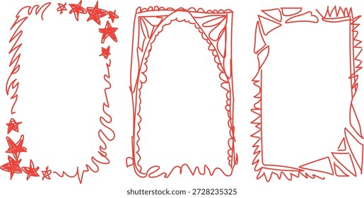 Conjunto de tres diseños distintos de bordes de Vector rojo dibujados a mano. Estos se utilizan típicamente como marcos decorativos para medios digitales o impresos. 