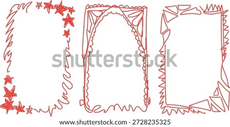set of three distinct, hand-drawn red vector border designs. These are typically used as decorative frames for digital or print media. 