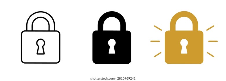 A set of three distinct padlock icons, including outline, solid black, and golden with radiating lines, symbolizing security and access control