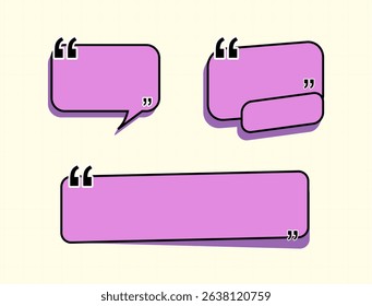 A set of three distinct pink speech bubbles with rounded corners and bold black outlines. They include quotation marks and a subtle shadow, ideal for quotes or dialogue.