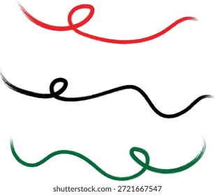 Un conjunto de tres líneas de pinceladas texturizadas distintas en rojo, negro y verde, cada una con una forma ondulada y bucle únicos, perfectas para Elementos de Diseño gráfico, fondos o acentos artísticos.