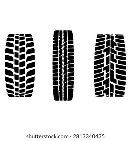 A set of three distinct tire tread silhouettes against a white background, ideal for automotive design, vehicle graphics, or transportation-themed projects.