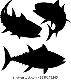 Set of three distinct tuna fish silhouettes, perfect for fishing, marine life, and ocean-themed designs