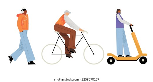 Set with three diverse people, teenager with headphones, senior on the bike and woman on a scooter. Isolated vector illustration