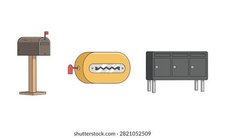 Set of three diverse postboxes including a classic wooden-post mailbox, a modern yellow mail slot, and a multi-compartment unit.