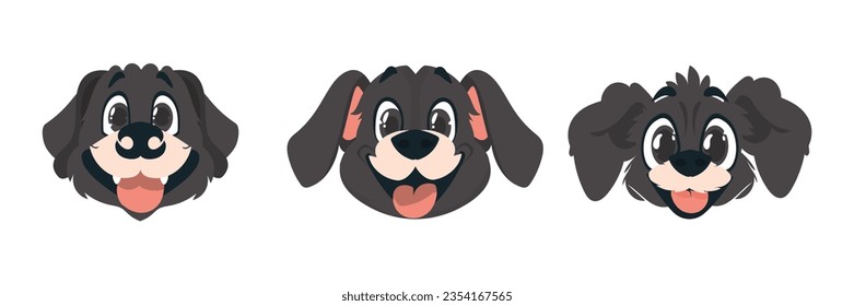 Set of three dog faces. Cartoon style, vector illustration