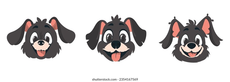 Set of three dog faces. Cartoon style, vector illustration