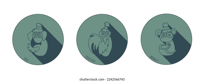 Set of three dog, rooster, monkey sign logos. Astrological Chinese animal calendar. Years 2028, 2029, 2030.