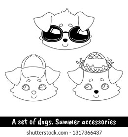 Set of three dogs with different accessories - a sunglasses,a cap with visor, a straw hat with a ribbon. Linear, black and white image of a pet. Vector illustration for coloring book, stencil, design.