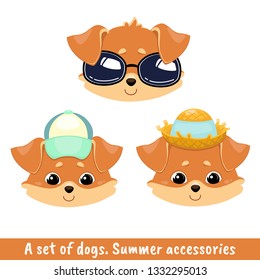 Set of three dogs with different accessories - a sunglasses,a cap with visor, a straw hat with a ribbon. Color image of a pets. Vector illustration for coloring book, stencil, design, prints.