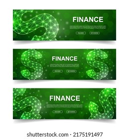Set of three Dollar horizontal banners. Horizontal illustration for homepage design, promo banner. Finance low poly symbols with connected dots