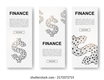 Conjunto de tres banners verticales poligonales de Dólar. 3.ª Economía. Financiar los símbolos de baja polilla con puntos conectados. Ilustración vertical para el diseño de la página principal.