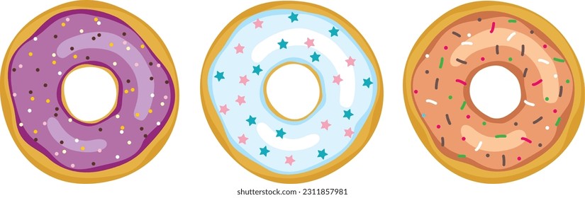 Set of three donuts with different colorful glazes. Cartoon style vector illustration	