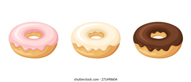 Set of three donuts with glaze isolated on a white background. Vector illustration.