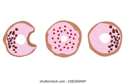 set of three donuts with pink icing donut icon, vector illustration