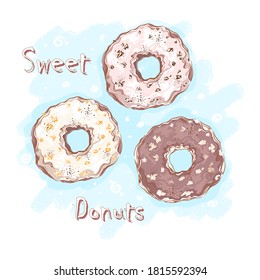 Set of three donuts in sweet glaze. Sweets and desserts for tea. Linear hand-drawn sketch on textured background.