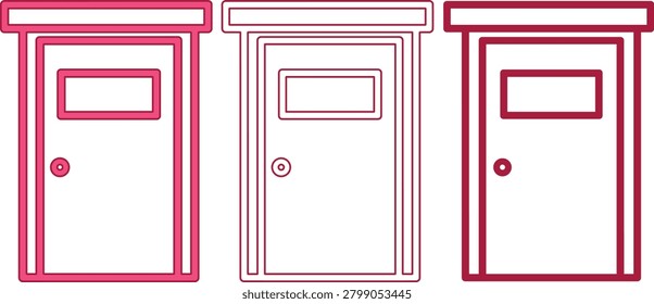 Set of three door vector icons with windows and handles representing entry, exit, doorway, room access, security, interior design, navigation, and building elements.