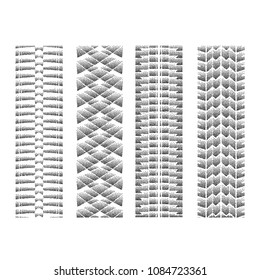 Set of three dotted tire track silhouettes isolated on white background