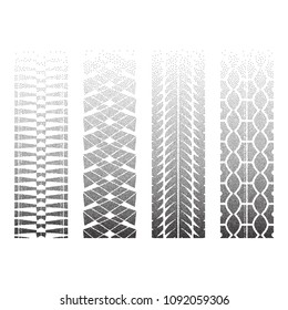 Set of three dotted tire track silhouettes isolated on white background