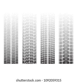 Set of three dotted tire track silhouettes isolated on white background