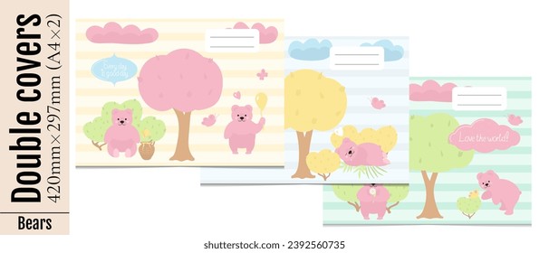 Conjunto de tres cubiertas dobles para impresión en formato vertical A4. Cubiertas con osos rosados de dibujos animados, árboles, arbustos, nubes para niños estacionados, cuadernos, álbumes. Aislado sobre fondo blanco.
