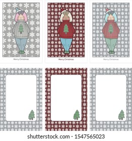 Set of three double-sided Christmas cards. cute girl on a background of snowflakes