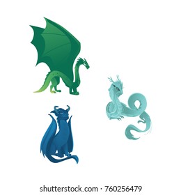 Set of three dragon characters, mythical creatures with wings, whiskers and horns, flat vector illustration isolated on white background. Group of dragon creatures with wings, horns and long tails