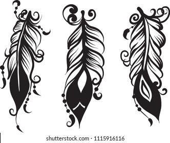Set of three drawing of feathers