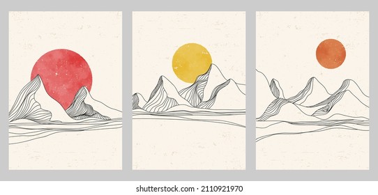 set of three. Drawing Mountain and sunset line art print. Abstract contemporary aesthetic backgrounds landscapes. vector illustrations