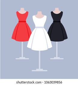 Set of three dresses (white, black and red) isolated on neutral background. Advertising banner for atelier, seamstress, tailor, shop. Retro attire in the style of 50x. Vintage dresses on manikin