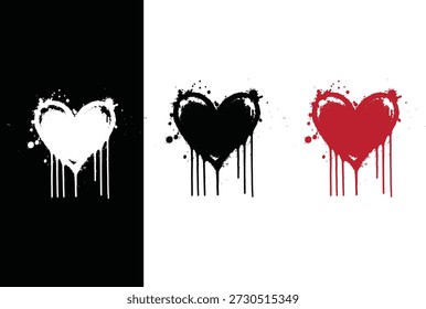 Conjunto de tres Artes vectoriales de iconos pintados con spray de corazón con salpicaduras de tinta goteante