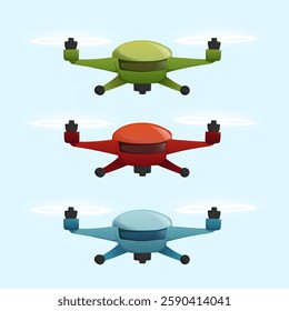 set of three drones in green, red and blue colors