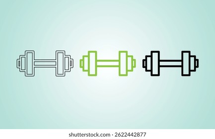 Set of three dumbbell icons in black, green, and outline on a light gradient background. Perfect for fitness, health, and workout graphic design projects or applications with modern and minimalist req