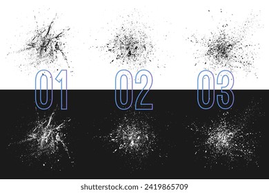 Set of three dust speckle texture on white and black background. Ink splatter elements. 