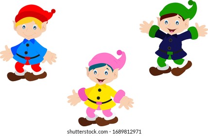 Set of Three Dwarfs in different positions. Vector dwarf