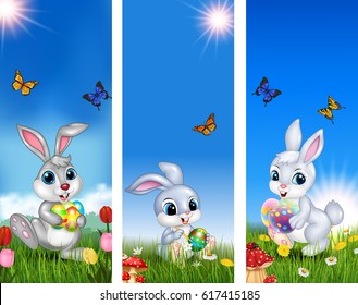 Set of three Easter background with rabbit and Easter egg 