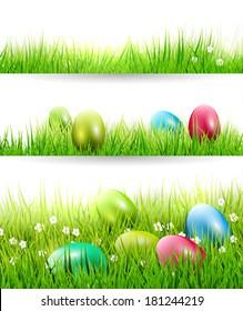 Set of three Easter borders with colorful eggs in grass