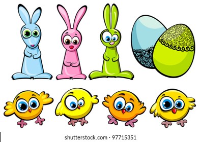 Set of three Easter bunnies, funny chicks and decorated eggs